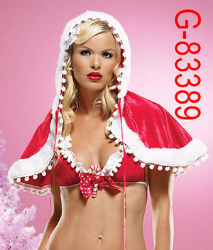 red Christmas hooded cape with fuzzy white trim and pom-poms 83389