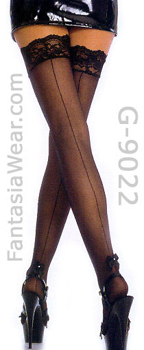 plus size sheer thigh high stockings with lace top, backseam and pearl satin bow 9022q