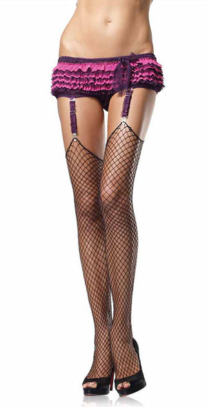 black industrial net wide fishnet stockings with ruffle garter 9040