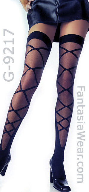 sheer black mock lace-up thigh high stockings 9217