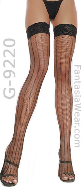 black vertical striped fishnet thigh high stockings 9220