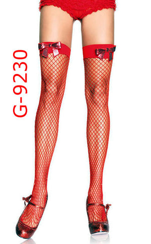 red industrial fishnet thigh high stockings with sequin bow 9230