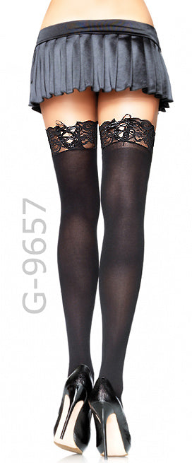 back view of black opaque thigh high stockings with corset lace top 9657