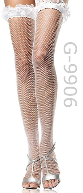 close up of white fishnet thigh high stockings with lace ruffle top 9906