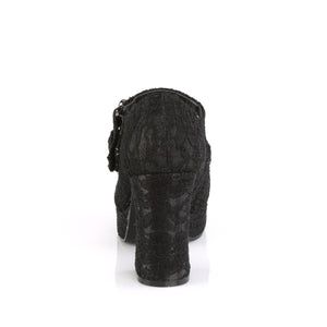 back of double strap Goth Mary Jane shoes, black satin lace, 3.75-inch chunky heel GOTHIKA-09