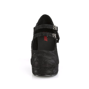 front of double strap Goth Mary Jane shoes, black satin lace, 1.25-inch platform GOTHIKA-09