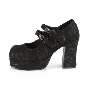 side view of double strap Goth Mary Jane shoes, black satin lace, 3.75-inch chunky heel GOTHIKA-09