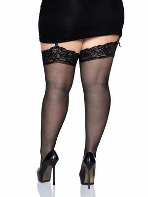 back view of sheer black lace top thigh high plus size stockings 1011q