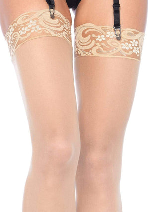 close up of sheer tan lace top thigh high plus size stockings 1011q