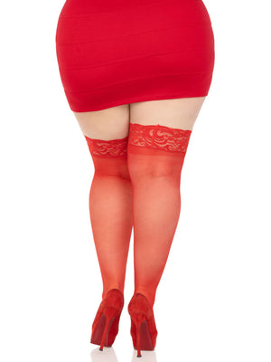 back of red lace top silicone reinforced stay-up plus size thigh high stockings 1022q