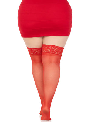 back of red lace top silicone reinforced stay-up plus size thigh high stockings no shoes 1022q