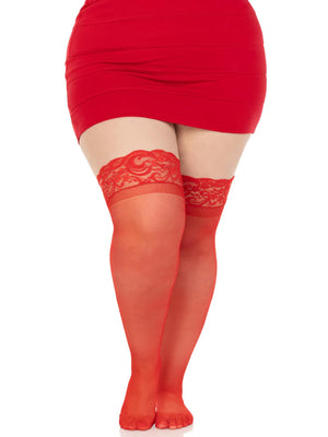 red lace top silicone reinforced stay-up plus size thigh high stockings no shoes 1022q