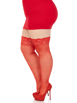 side view of red lace top silicone reinforced stay-up plus size thigh high stockings 1022q