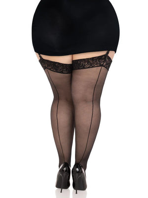 back of black plus size sheer thigh high stockings with lace top 1101q