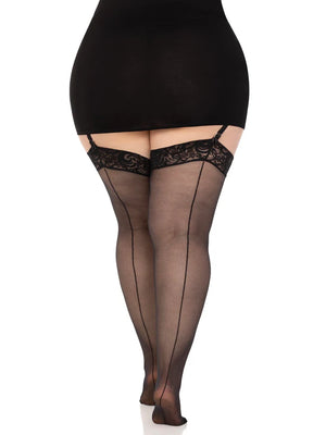 black backseam plus size sheer thigh high stockings with lace top no shoes 1101q