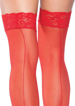 close up of red plus size sheer thigh high stockings with lace top 1101q