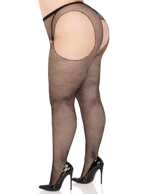 side view of queen size black fishnet pantyhose 1402q