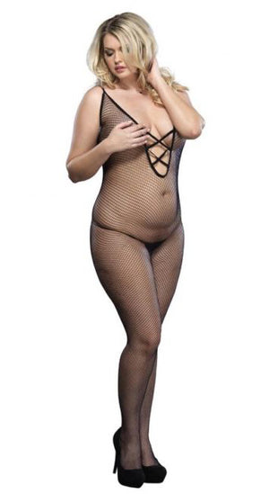 black plus size sleeveless bodystocking with criss cross straps 8728q