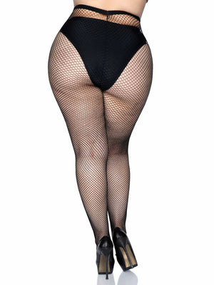 back view of plus size black fishnet tights 9001q