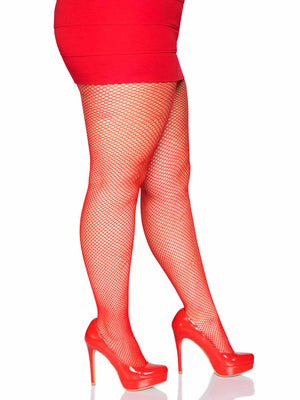 side view of plus size red fishnet tights 9001q