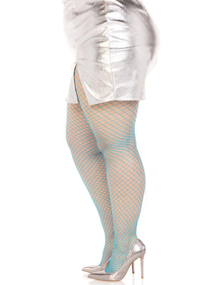 side view of neon blue plus size wide net pantyhose  9003X