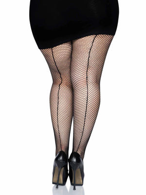 back view of black plus size fishnet pantyhose with backseam 9015q