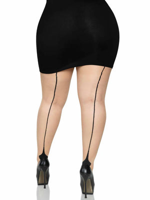 nude plus size pantyhose with black Cuban heel and backseam 9132X