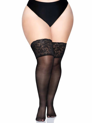 plus size stay-up lace top black sheer thigh high stockings no shoes 9750q