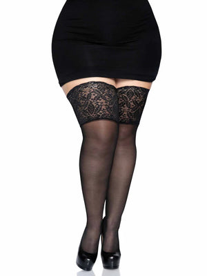 plus size stay-up lace top black sheer thigh high stockings 9750q