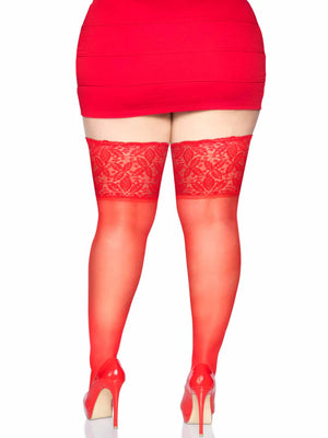 back of queen size stay-up lace top red sheer thigh high stockings 9750q