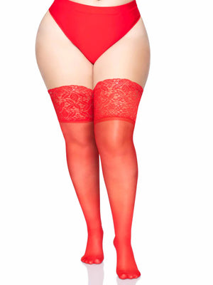 queen size stay-up lace top red sheer thigh high stockings no shoes 9750q