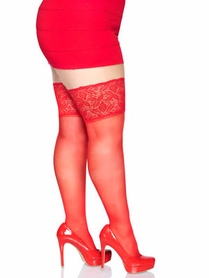 side view of queen size stay-up lace top red sheer thigh high stockings 9750q