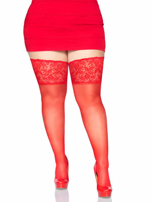 queen size stay-up lace top red sheer thigh high stockings 9750q