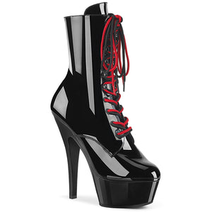 lace-up ankle high boots with 6 inch spike heels and interchangeable red or black shoe lace KISS-1020-1