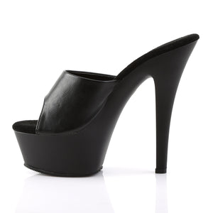 side view of black faux leather high heel platform sandal, peep-toe slide with 6-inch spike heel Kiss-201