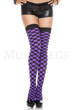 purple and black opaque checker thigh high stockings 4760