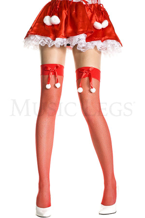 red Christmas fishnet thigh high stockings with red satin bow 4954