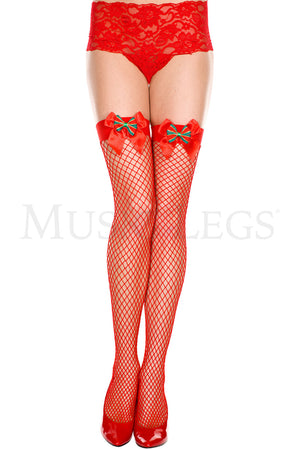 red Christmas wide fishnet thigh high stockings with red, green and gold satin bow 4967