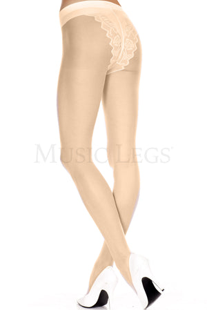 sheer beige pantyhose with woven floral print French panty accent 7156