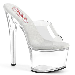 Comfort width clear slide shoe with 7-inch stiletto heel and 2 3/4"  platform. PASSION-701