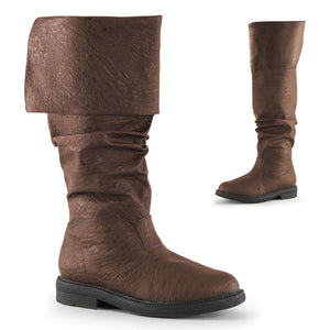 distressed brown cuffed knee high Renaissance men's boot with 1-inch flat heel Robinhood-100