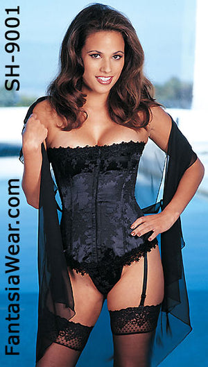 black strapless tapestry corset with lace trim, hidden hook and eye front closure, lace-up back 9001