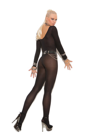 back of black opaque long sleeve bodystocking with open crotch 1606