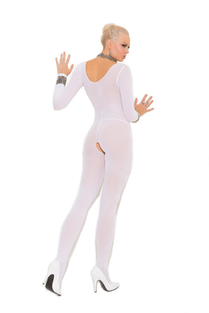 back of white opaque long sleeve bodystocking with open crotch 1606q