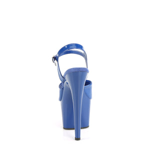 back of blue blue ankle strap platform sandal shoe with 7-inch high heel