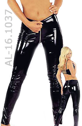 front and back of Black vinyl zipper pants 16-1037
