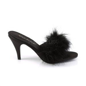 side view of black feather slipper shoe with 3-inch heel Amour-03