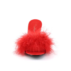 front of red feather slipper shoe with 3-inch heel Amour-03