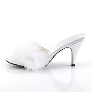 side view of white feather slipper shoe with 3-inch heel Amour-03