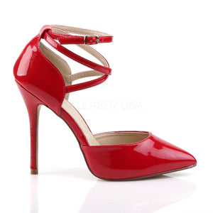 side view of red pointed toe D'Orsay pump shoes with ankle straps Amuse-25